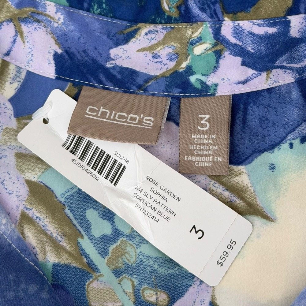 Chico's Rose Garden Sophia Blouse Womens XL Blue Floral Roll Tab NWT - Picture 7 of 9